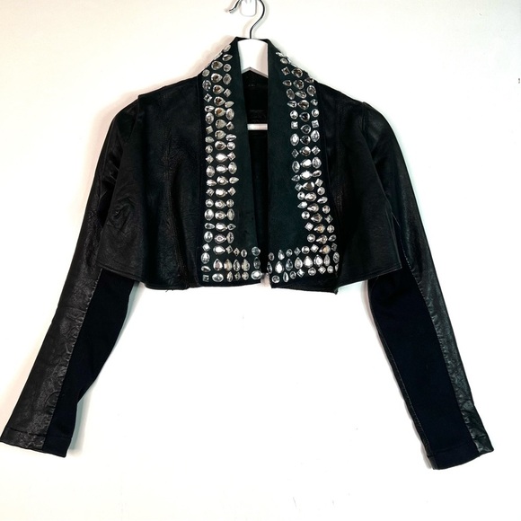 All Saints Spitalfields Cropped Leather Jacket with Rhinestones Black - Picture 2 of 10